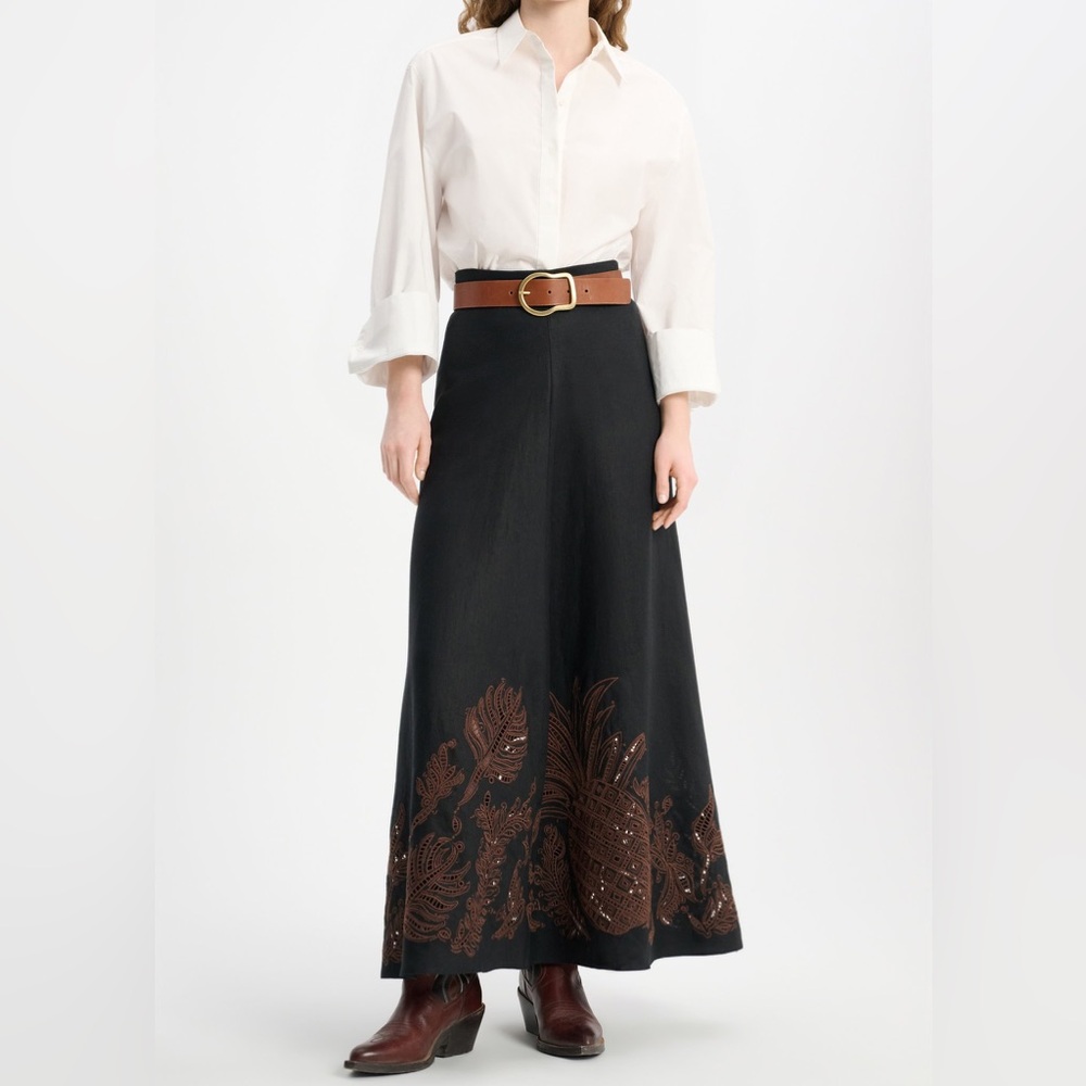NWT Dorothee Schumacher Black & Brown Luxury Exquisite Maxi Linen Skirt | XS